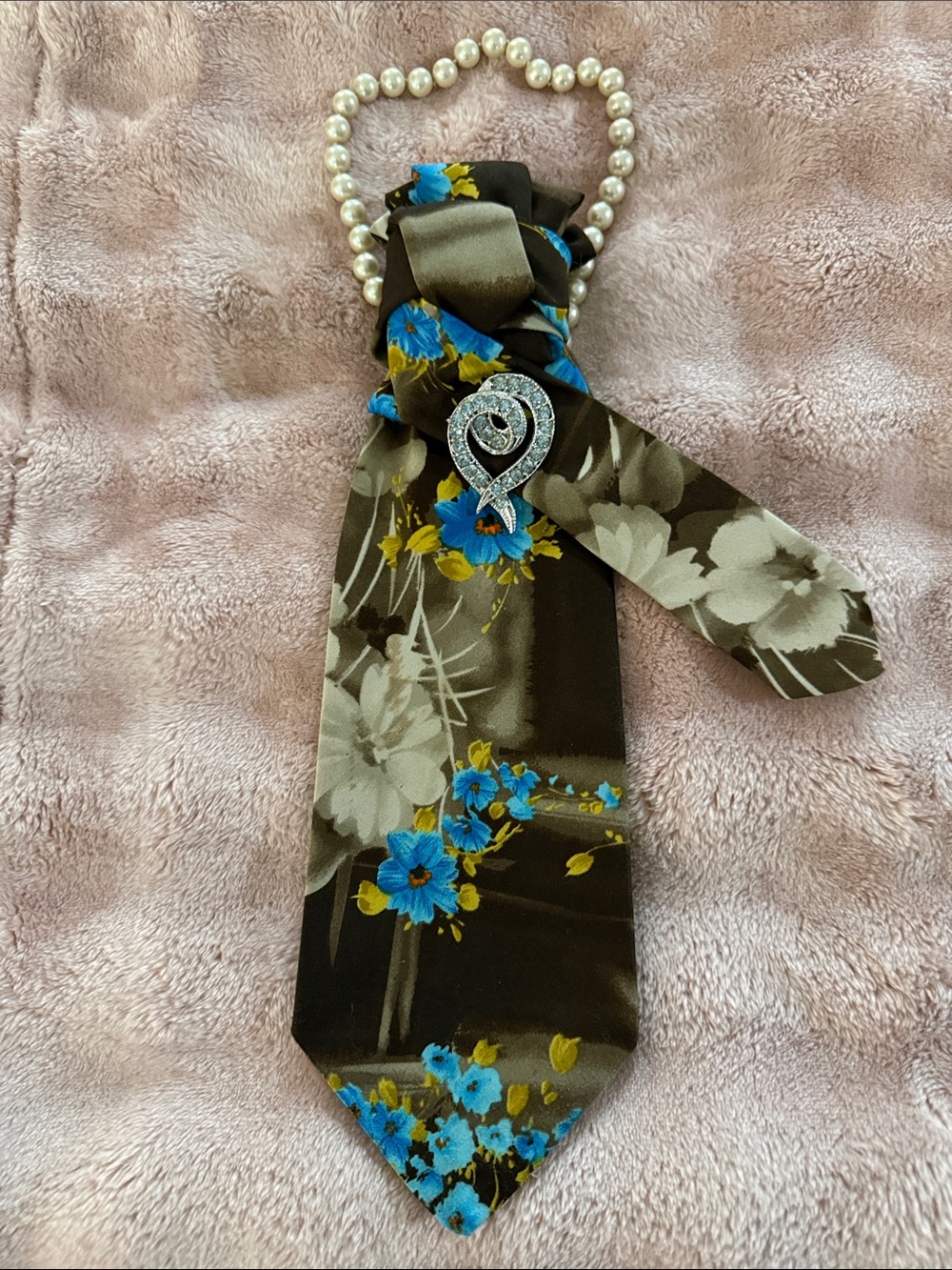 Men's Floral Silk-Style Tie in Brown with Blue Accents